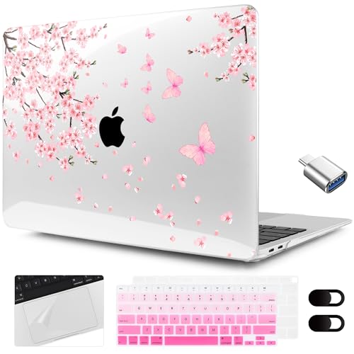 MEEgoodo for MacBook Air 13.3 inch Case 2021 2020 2019 2018 A2337 M1 A2179 A1932, Laptop Shell with Keyboard Webcam Cover & Trackpad Film & Type C Adapter for MacBook Air M1, Cherry Blossoms - color: Cherry Blossoms