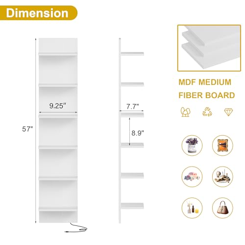 Qupui 6 Tier Wall Shelf Unit with LED Remote Control Light, 57 Inch Floating Storage Home Decor Organizer Shelving for Bedroom Living Room, White - color: Narrow White