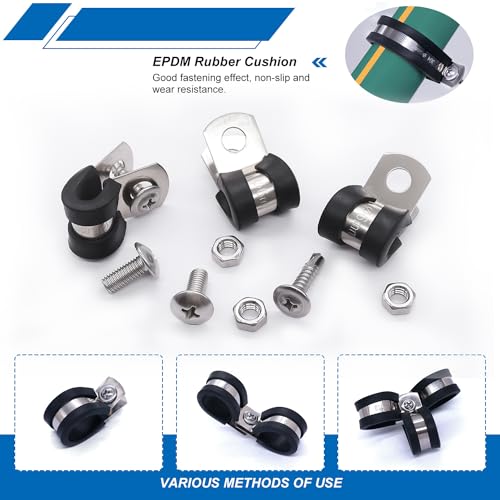 Twidec/50PCS 1/4 Inch Cable Clamp 304 Stainless Steel Rubber Coated Cushion Pipe Clamps,Metal Clamp,With Metal Rubber Clips For Automotive Wire Tube Pipe Clamps N-056-1/4 - size: 1/4 Inch - 50 PCS