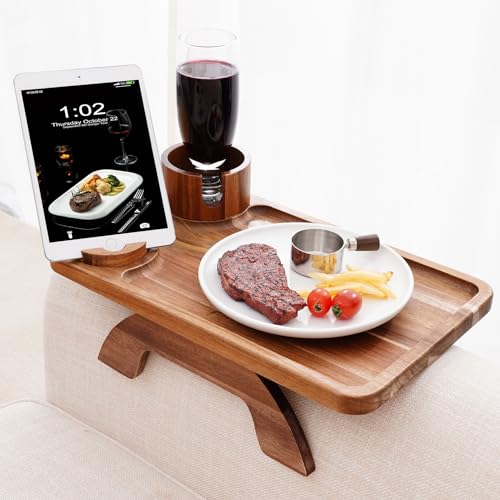 Nnewvante Couch Cup Holder Tray, 3 in 1 Large 15.36"x9.85" Acacia Wood Sofa Arm Clip on Tray Table with 360°Rotated Phone Holder on Armrest - color: Acacia