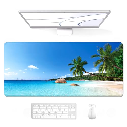 Auhoahsil Large Gaming Mouse Pad, Beach Theme XXL 35.4 x 15.7 in Desk Pad Stitched Non-Slip Rubber Long Computer Mousepad Thin Extended Full Size Desk Mat for Desktop, Laptop, Wireless Mice, Blue - color: 21 Beach and Coconut Trees, size: 35.5L x 15.7W in