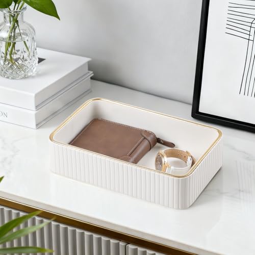 Desk Organizer Tray, PU Leather Nightstand Organizer Perfume Valet Tray for Men Women, Decorative Vanity Trays Trinket Dish Key Bowl for Entryway Bedside Table (Ivory, Small) - color: Ivory, Small