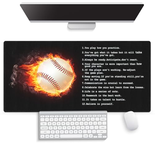 Large Gaming Mouse Pad (31.5" x 15.8")- Fantasy Baseball with Flame Inspirational Quote Wisdom for Success in Life & Sport, Extra XXL Office Accessories, Premium Stitched Anti-Slip Desk Mat - color: Motivational Quote Design