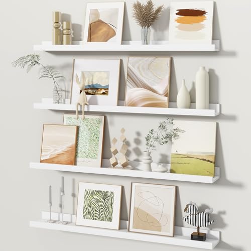 Fun Memories Picture Ledge Shelves Set of 4, 32 Inch Rustic Wall Mounted Floating Shelves with Lip for Home Storage and Décor in Bathroom, Kitchen, Nursery, Bedroom, Living Room, White - color: White, size: 32 inch, Set of 4