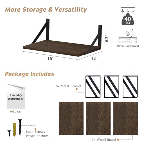 Forbena 12 Inch Deep Floating Shelves for Wall Set of 3, Wooden Wall Bookshelf for Bedroom Books, Rustic Wood Hanging Bookshelves for Bathroom Living Room Office Storage (Dark Brown) - color: Rustic Brown, size: 16 x 12 Inch