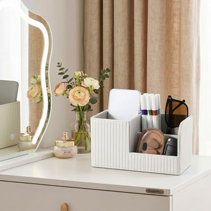 Desk Pen Organizer, PU Leather Desk Organizer with White Stripe, Small Desks Organizers for Office Supplies, Pen Holder for Desks, Pencil Holder, Night Stand Organizers, 8.26"L x 3.93"W x 4.3"H