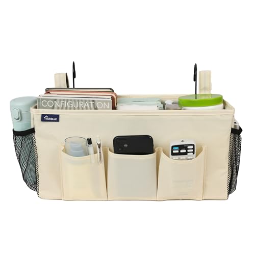 Surblue Bedside Organizer with Hook Caddy Hanging Storage Bag with Adjustable Straps and Water Bottle Holder for Home, College Dorm, Bunk Bed Accessories, Crib, Hospital Bed, Beige - color: Beige