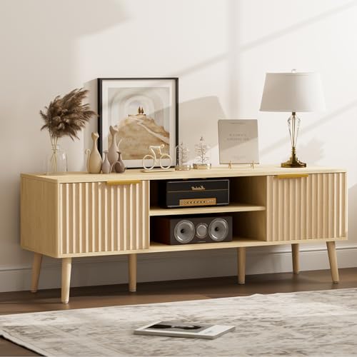 LCRBOL TV Stand with Fluted Doors for TVs up to 65", Modern, Natural | 54.3"W x 15.3"D x 19.6"H, 150 lbs capacity, 2 fluted door cabinets & 2 adjustable shelves, cable holes, 5 tapered legs. - color: Oak