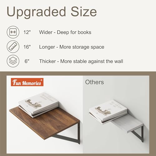 Walnut Floating Shelves Set of 2 - 16"W x 12"D Wide Display Ledges for Bedroom, Bathroom - 12 Deep Bookshelf Wall Mounted - color: Walnut, size: 16"W x 12"D