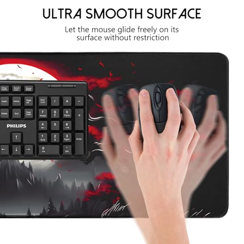 FreeNook Large Gaming Mouse Pad, Anime Black Mousepad with with Non-Slip Base, Expanded Cool Desk Mat, Mountain Moon Scenery XL Keyboard Mat Suitable for Home Office,31.5 X 11.8 Inch - color: Trees Mountains, size: 31.5L x 11.8W inches