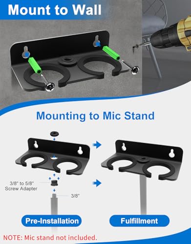 Multi Microphone Holder for Handheld Dynamic, Wired and Wireless Mics Storage Hanger, Double Microphone Stand,Rubber Padding/Wall Mounted or Mounted to 5/8"-27 or 3/8"-16 threaded Stands Attachment - size: Black Mic Holder