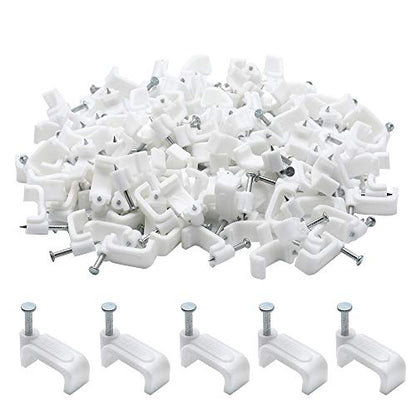 100pcs 14mm Flat Ethernet Cable Wire Clips Single Coaxial Cable Clamps with Nail for Cable Management(White) - color: White, size: 0.55“/14mm,100pcs