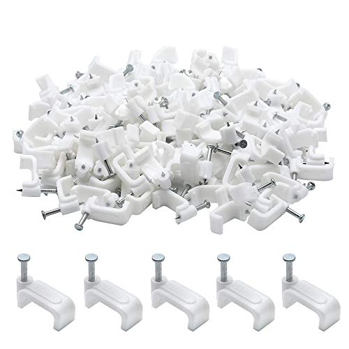 100pcs 14mm Flat Ethernet Cable Wire Clips Single Coaxial Cable Clamps with Nail for Cable Management(White) - color: White, size: 0.55“/14mm,100pcs