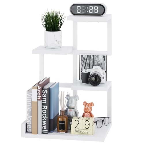 YMYNY Desktop Shelf Organizer, 4 Tier Storage Display Rack, Desk Shelf Organizer Small Bookshelf with Metal Frame for Office, Books, Plants, 12.2" x 9.45" x 17.52", White UHSR007W - color: White