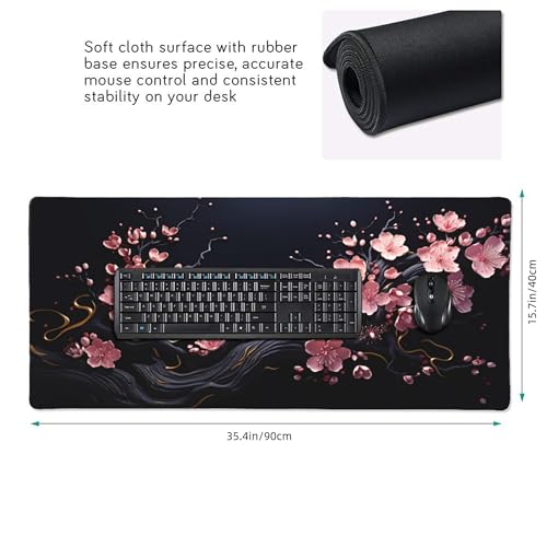 Extra Large Mouse Pad, Cherry Blossom Design, Non-Slip Rubber Base, Stitched Edges, 35.4 x 15.7 Inches, for Gaming and Office - color: plum blossoms