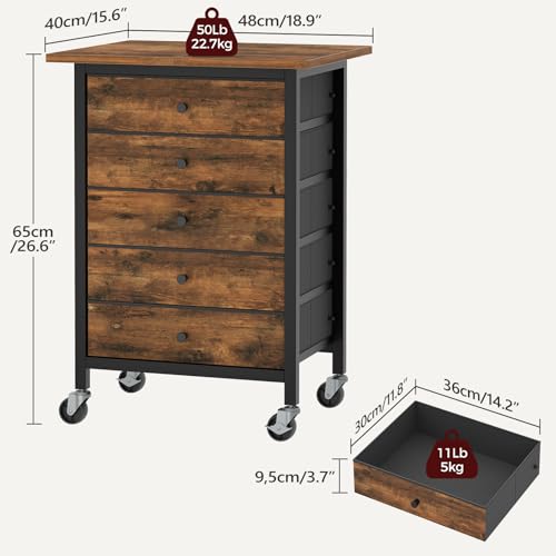 MAHANCRIS 5 Drawer File Cabinet,Rolling Filing Chest Cabinet with Wheels, Under Desk Storage Organizer, Printer Stand with Non-Woven Fabric Drawer, for Home Office, Study, Rustic Brown FCHR4801 - color: Rustic Brown, Black