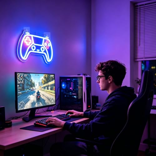 Gamer neon sign for room decor, 15 * 9 inch Blue Gaming Neon Signs with USB Power and Dimmer Switch for wall decor,teen boy room decor,gifts for teen boys,men,Kids - style: blue-gamepad