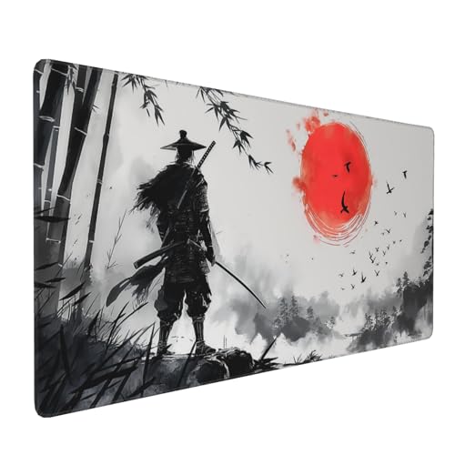 Extra Large Gaming Mouse Pad, Samurai and Bamboo Forest Japanese Style, Non-Slip Rubber Base, Stitched Edges, 35.4 x 15.7 Inches - color: Samurai & Red Sun