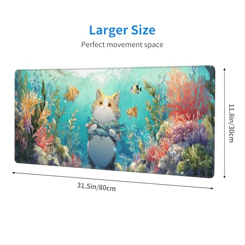 Cat Fish Mouse Pad Extended Large Gaming Mouse Pad XL Stitched Edges for Gamer Home Office 31.5 X 11.8 Inch - color: Cat Fish
