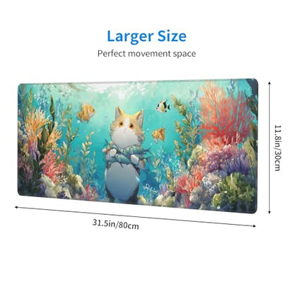 Cat Fish Mouse Pad Extended Large Gaming Mouse Pad XL Stitched Edges for Gamer Home Office 31.5 X 11.8 Inch - color: Cat Fish