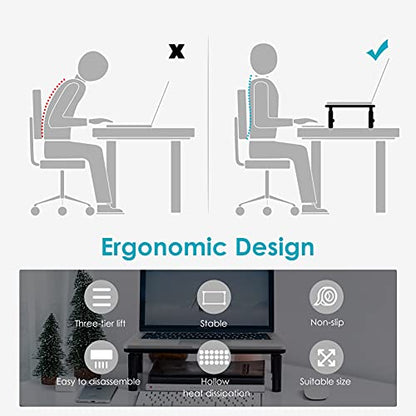 LOTEYIKE TV/Monitor Riser Desktop Stand, Flat Screen, Sturdy Metal Laptop Computer Shelf for Printer, iMac, 3 Height Adjustable PC with Mesh Platform , 2 Pack