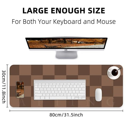 AFIING Brown Checkered Desk Pad 31.5" x 12" | Waterproof PU Leather, Non-Slip Rubber Base, Checkered Design, Office & Home - color: Brown