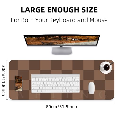 AFIING Brown Checkered Desk Pad 31.5" x 12" | Waterproof PU Leather, Non-Slip Rubber Base, Checkered Design, Office & Home - color: Brown