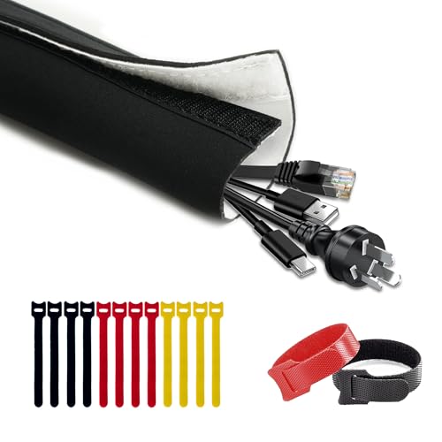 Cable Management Sleeve 3.3ft (40 inch) - 1.5 inch, Hook-and-Loop Cuttable Neoprene Cord Organizer, Split Wire Reversible Cord Protector for TV USB PC Ethernet Cable Hider Protect Pets Kids - size: 3.3ft-1.5"