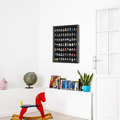 Minifigure Display Case - Building Block Toy Wall Cabinet Showcase for Small Miniature Collectibles Mini Brands Thimbles, Lockable UV Protection Door (Black Finish Frame) - size: Large - Black