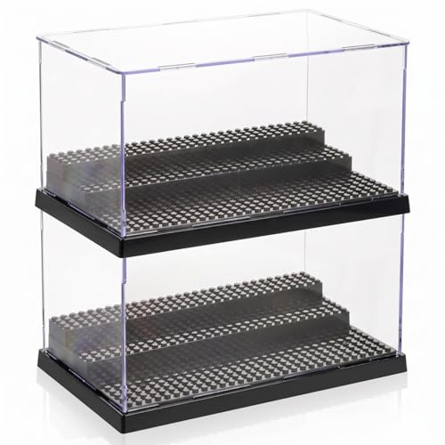 ZEAYEA 2 Pack Display Case for Minifigure Action Figures Blocks, Acrylic Display Box Storage with 3 Movable Steps, Dustproof Showcase for Collection Bricks Blocks Models Minifigures Building, Black