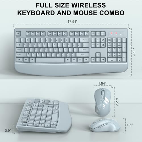 Wireless Keyboard and Mouse Combo, ULSOU 2.4G Full-Sized Ergonomic Computer Keyboard with Wrist Rest and 3 Level DPI Adjustable Wireless Mouse for Windows, Mac OS Desktop/Laptop/PC(Grey) - color: Grey