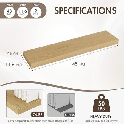 Acovy 48 Inch Floating Shelves, 12" Deep Floating Shelf Wall Mounted, 48" Wall Shelves, Rustic Deep Bookshelf, Extra Deeper & Thicker Display Shelves for Bedroom, Living Room, Oak, Set of 2 - color: Oak, size: 12"Wx48"L-2pcs