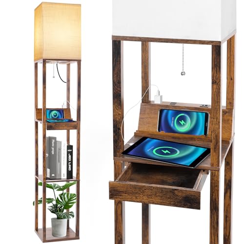 RUNTOP Floor Lamp with Shelves, Shelf Floor Lamp with Wireless Charger & 2 Charging USB Ports & Drawer, AC Outlet, 3 Color Temperature Tall Standing Lamp with Bulb for Living Room, Bedroom, Office - color: Brown-Wireless Charger + Drawer