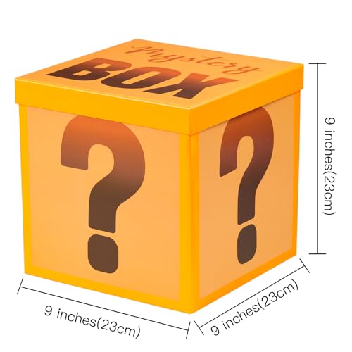 RUSPEPA Mystery Gift Box with Lid, Fun Orange Question Mark Design, Medium Collapsible Gift Box with Tissue for Kids & Adults, Birthday, Party Games, Mystery Surprise Packaging, 9x9x9 Inches, 1 Pcs