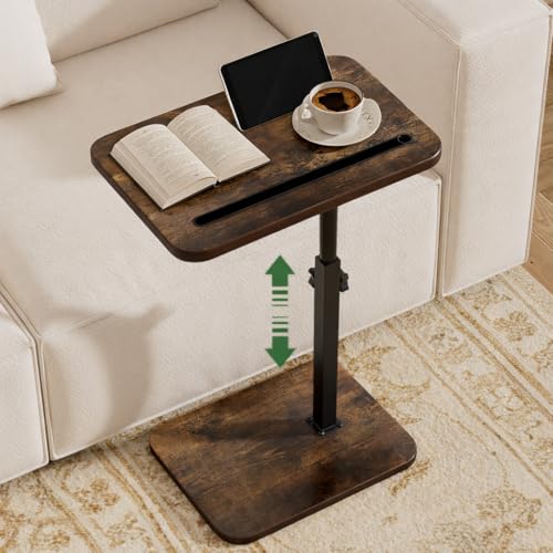 TV Tray Side Table for Couch - 360° Swivel Adjustable Height Rotating Sofa Table C Table End Table Laptop Desk with Phone & Tablet Slot, Perfect for Eating Working Reading, Fits Small Spaces - color: Rustic Brown