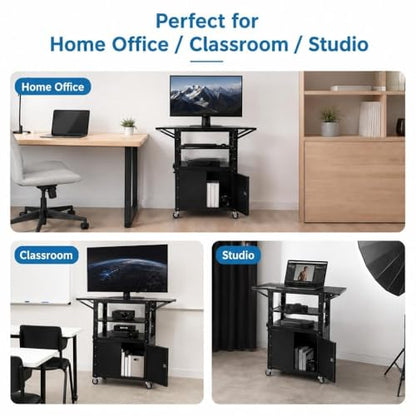Adjustable Height AV Media Cart, 24-42 Inch Mobile Stand with Locking Storage, Extended Tray Organizer, Cable Management Wheels, for Home Office School - size: With extension frame