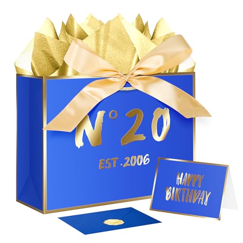 JWSCYSY 20th Blue Birthday Gift Bag with Card, Tissue Paper and Ribbon for Men Boys Birthday Party Favor, Presents Wrapping (12.6" EST 2006) - color: 20TH