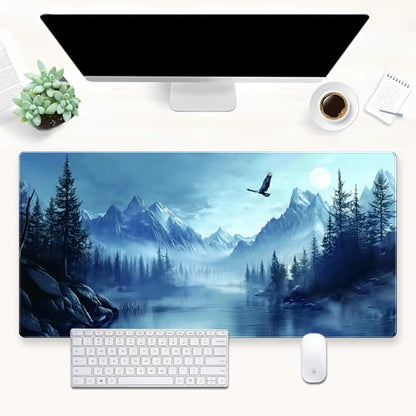 Extended Gaming Mouse Pad XL, Snow Mountain Desk Mat 31.5x15.7, Non-Slip | Majestic large computer desk mat with a soaring eagle and winter mountain landscape print. Ideal for cozy studios. - color: Snow Mountain Eagle