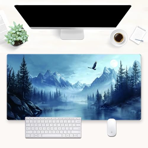 Extended Gaming Mouse Pad XL, Snow Mountain Desk Mat 31.5x15.7, Non-Slip | Majestic large computer desk mat with a soaring eagle and winter mountain landscape print. Ideal for cozy studios. - color: Snow Mountain Eagle