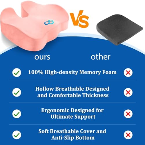 CushyOasis Seat Cushion, Chair Cushions, Office Chair Cushions, Anti-Slip Bottom & Removable Cover Tailbone Pain Relief Cushion, Memory Foam Seat Cushion, 5.28 in Thick (Pink) - color: Pink, size: X-Large