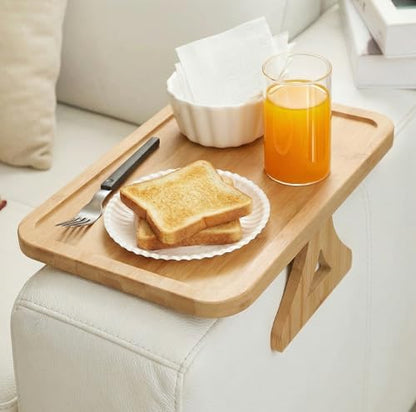 Couch Arm Tray, 13" × 9" Bamboo Foldable Sofa Armrest Table Tray Clip-On Desk for Eating TV Snacks Drinks Phone Remote, Natural Wood Wooden Holder Side Table for Armchair Recliner Small Spaces