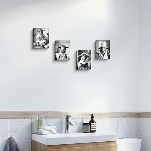 Framed Funny Christian Lamb Bathroom Wall Art,Black and White Newspaper Bible Coffee Sheep Toilet Posters Pictures Wall Decor,Animal Canvas Prints for Home Home Decoration Set of 4 (8”x10”inch) - color: 8x10inch（framed) Funny Christian Lamb Bathroom Wall
