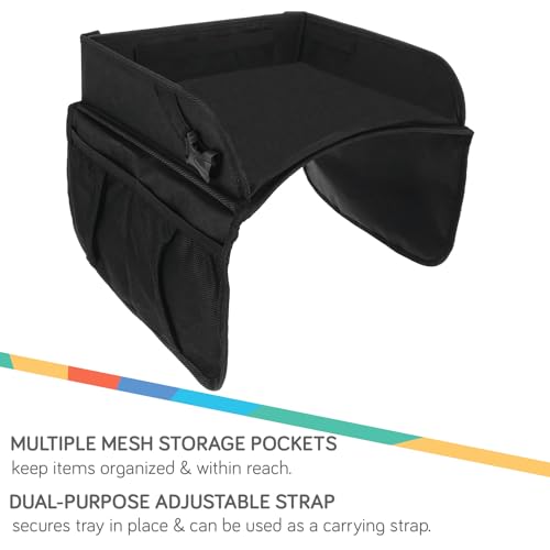 Nuby Kids Foldable Lightweight Travel Activity Lap Desk Tray with Pockets|Stay Organized & Mess Free on Car Rides, Plane Trips, Home|Adjustable Strap Keeps Desk Secure or Carry Strap for Travel|Black