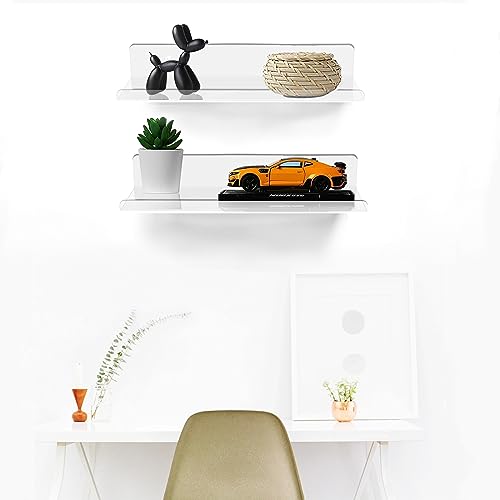 ROYALITA Small Acrylic Shelves Wall Mounted | Set of 2 | 12 Inches | Wall Hanging Plant Display Shelves, Room Decor Floating Wall Shelves for Gaming Room Bedroom, Living Room, Office, Clear - color: Clear, size: 12 Inch