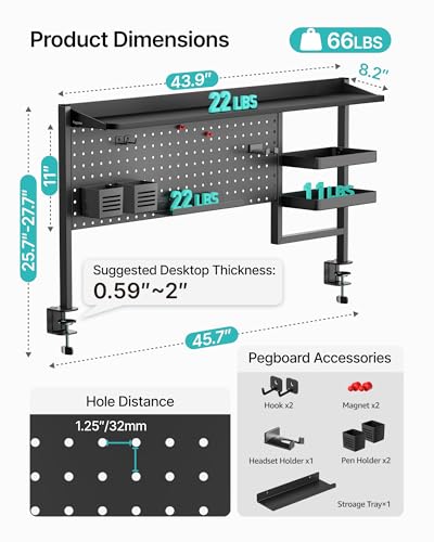 PEGZONE Clamp on Desk Shelf, 44" Desktop Shelving System, Black | with Pegboard and Accessories, Desktop Organizer with 2-Tier Shelf, Desk Pegboard for Office Home Gaming - color: Black