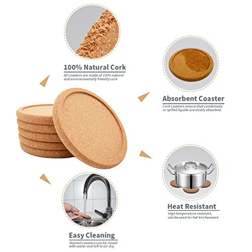 Cork Coasters for Drinks Absorbent - 6 Pcs 4 Inch Cork Coasters with Lip Heat Resistant Reusable Drink Coaster Set Extra Thick Perfect for Cups Glasses Mugs