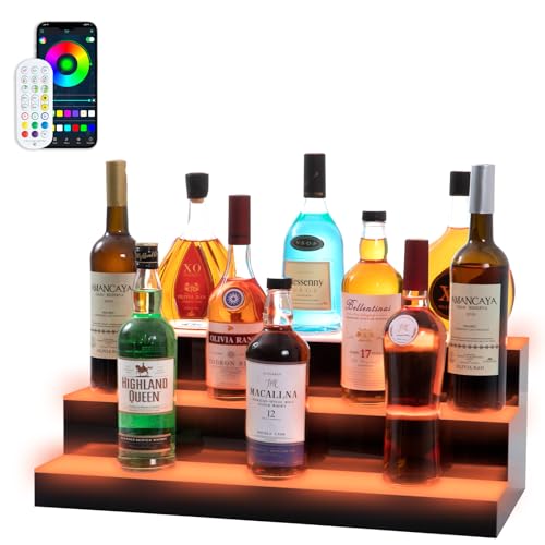 Led Lighted Liquor Bottle Display Shelf, 24 Inch 3 Tier Whiskey Rack, Support USB, Bar Stand with RF Remote & App Control, Illuminated Acrylic Lighting Shelves for 21 Bottles, Home Bar, Party - size: 24" 3 step