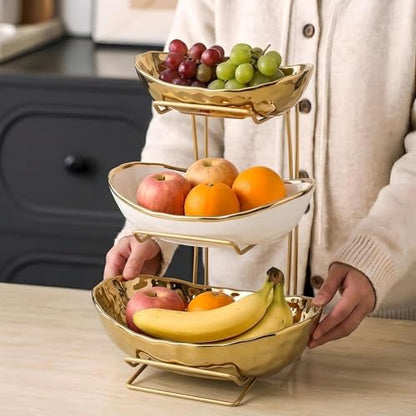3-Tier Gold Fruit Bowl & Tray with Metal Stand - Ceramic White, Triple Layer for Snacks, Nuts, Bread & Candy Storage - color: A gold triple layer