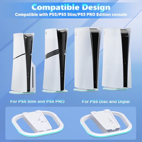 HONCAM Vertical Stand for PS5/PS5 Slim/PlayStation Pro Consoles, PlayStation 5 Vertical Holder with 7 RGB Lights and a Screw,White - color: White