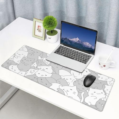 White Kawaii Cats E-Sport Mouse Pad Large Desk Mat Non-Slip Rubber Base Stitched Edge Keyboard Mouse Pad for Office Home E-Sport Computer Laptop, 31.5×11.8 Inches - color: White Kawaii Cats